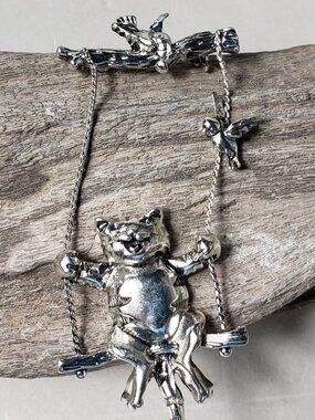 New Swinging Cat Brooch Silver Toned Metal Swing Birds Kitten